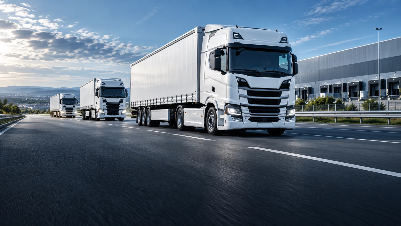 Ilustracja transportu drogowego białymi ciągnikami siodłowymi